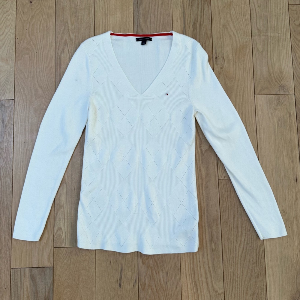Tommy Hilfiger White Argyle V-Neck Sweater | 100% Cotton